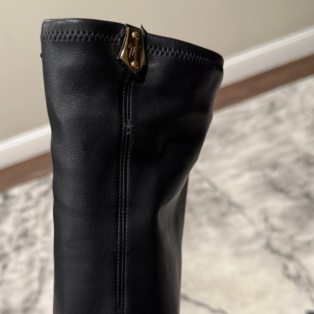 Giuseppe Zanotti Black Over-the-Knee Leather Boots with Sculpted Gold Heels
